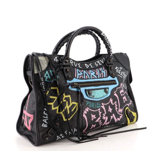 Balenciaga City Graffiti Classic Studs Bag Leather Medium Black, Print - Picture 3 of 7